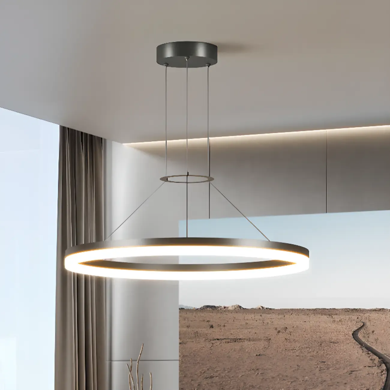 Black Circular Metal Ring Modern Chandelier Light Image - 4