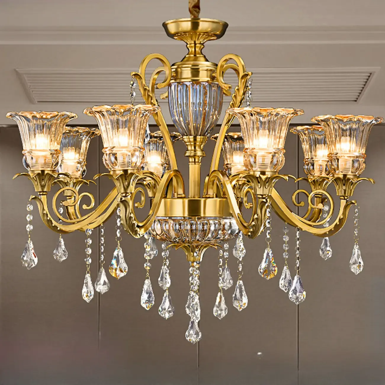Gold Glass Crystal Chandelier Elegant Curved Luxury Image - 1
