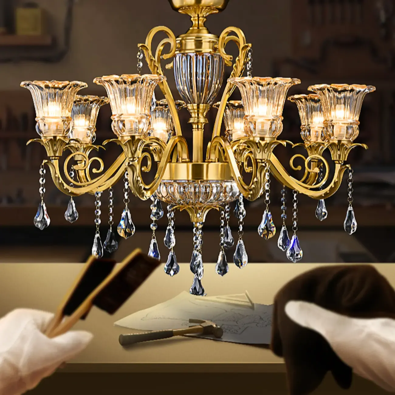 Gold Glass Crystal Chandelier Elegant Curved Luxury Image - 9