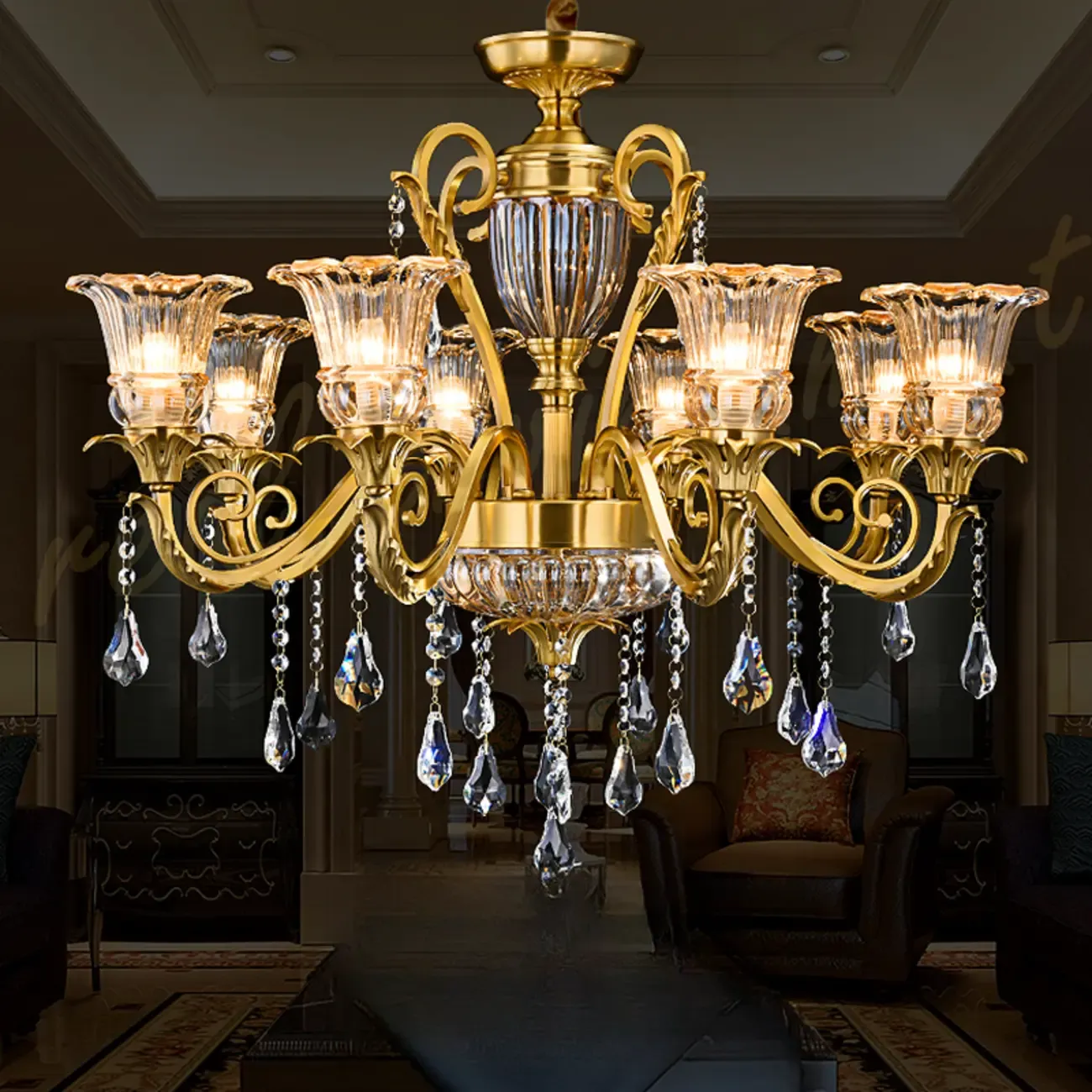 Gold Glass Crystal Chandelier Elegant Curved Luxury Image - 11