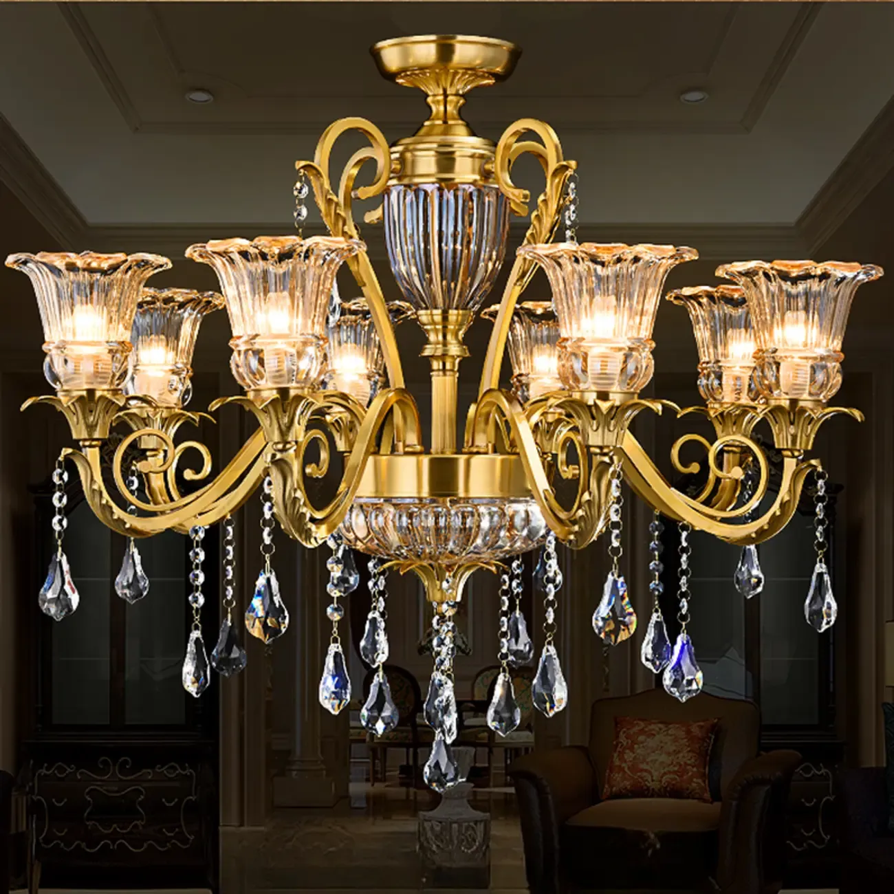 Gold Glass Crystal Chandelier Elegant Curved Luxury Image - 12