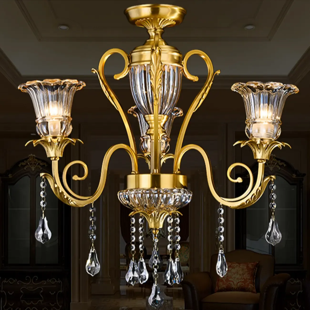 Gold Glass Crystal Chandelier Elegant Curved Luxury Image - 13