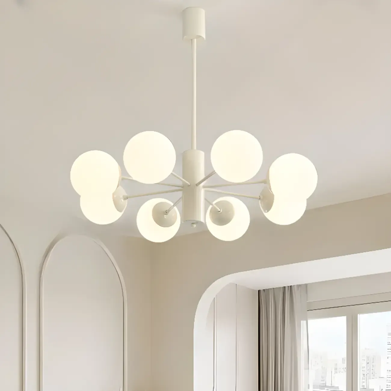 White Round Metal Modern Minimalist Chandelier Light Image - 2