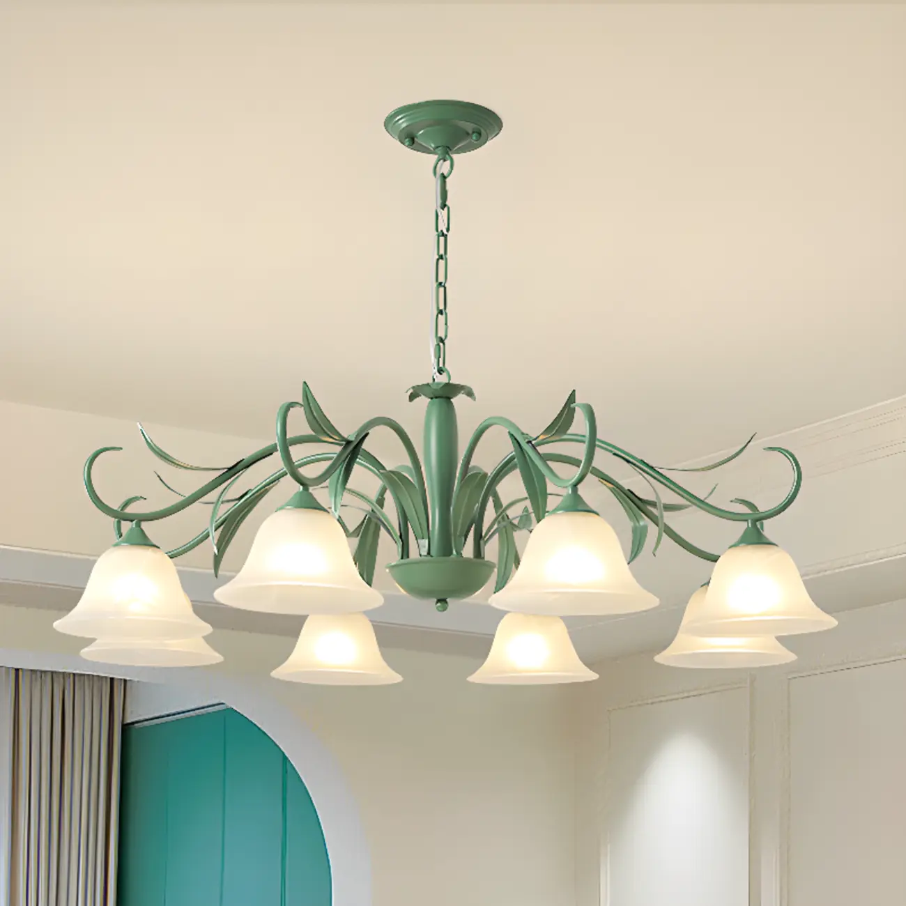 Elegant Bell Glass Shade Nordic Green Metal Chandelier  Image - 1 | homeyfad