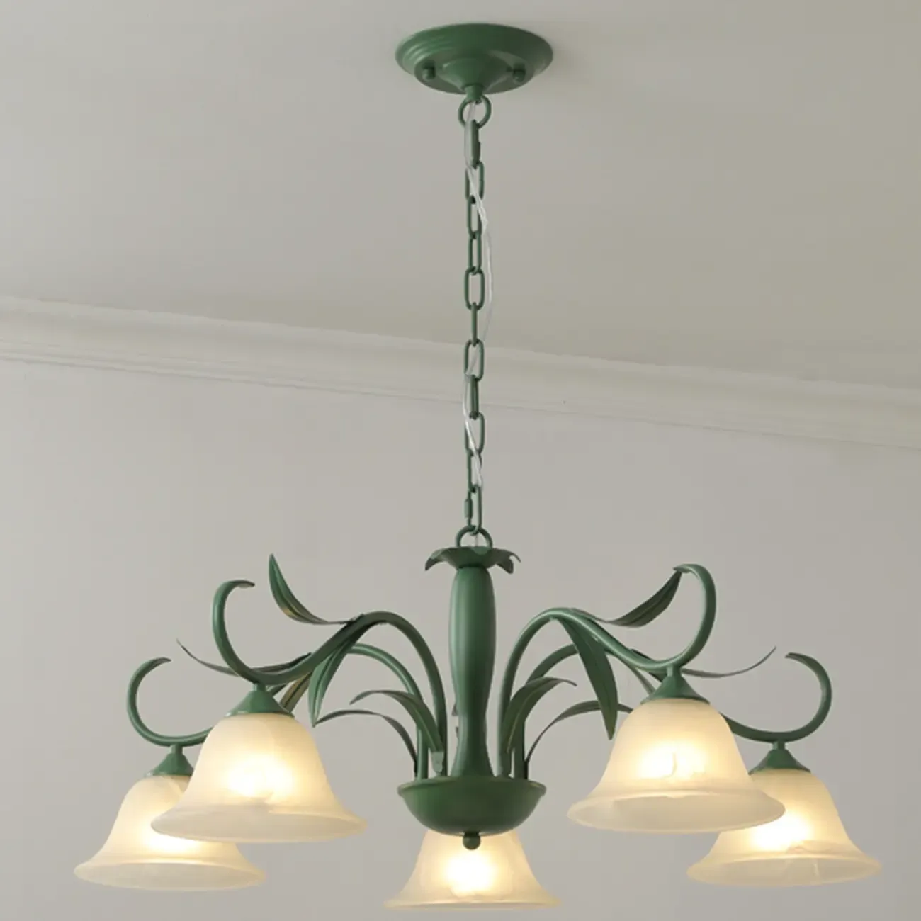Elegant Bell Glass Shade Nordic Green Metal Chandelier  Image - 6