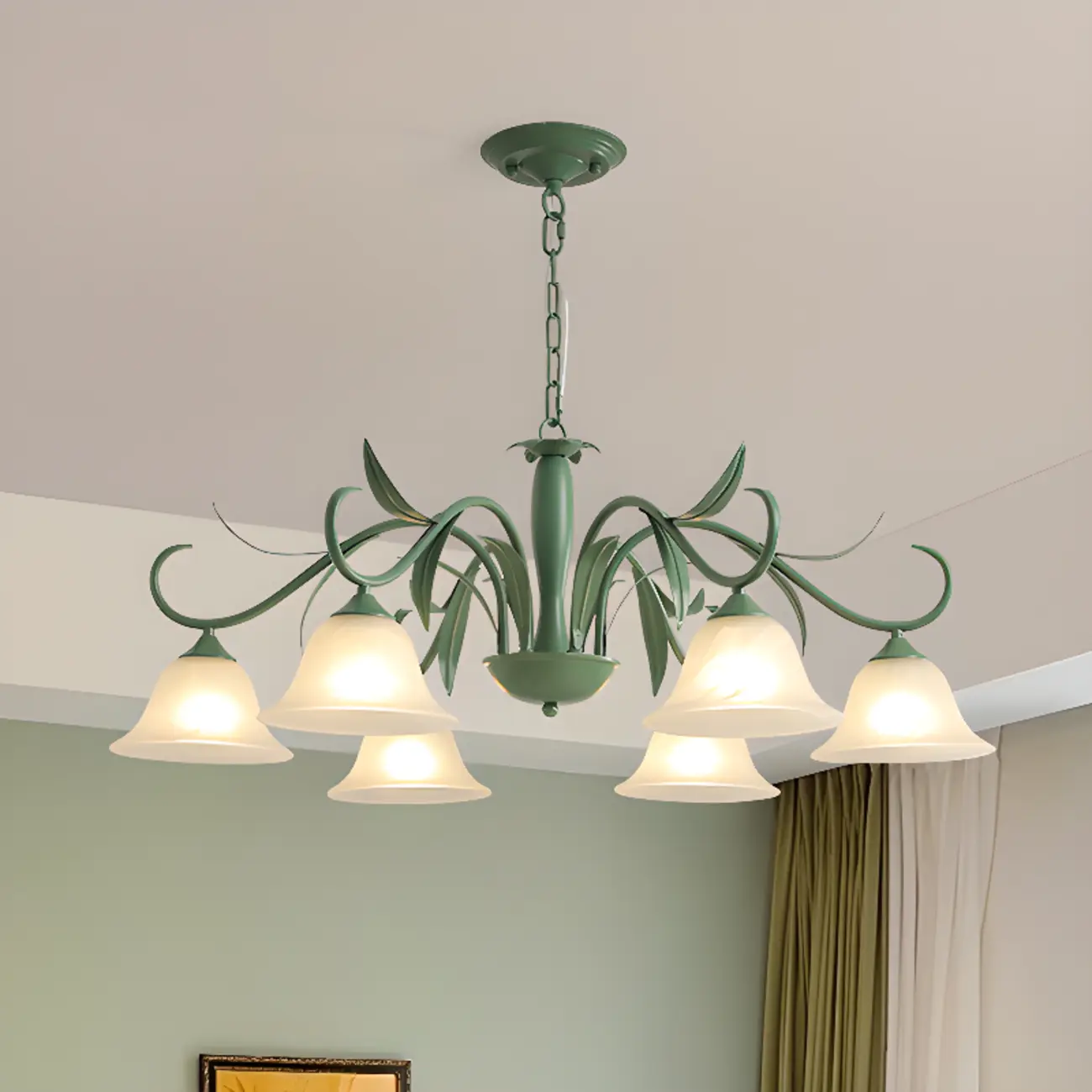 Elegant Bell Glass Shade Nordic Green Metal Chandelier  Image - 2 | homeyfad