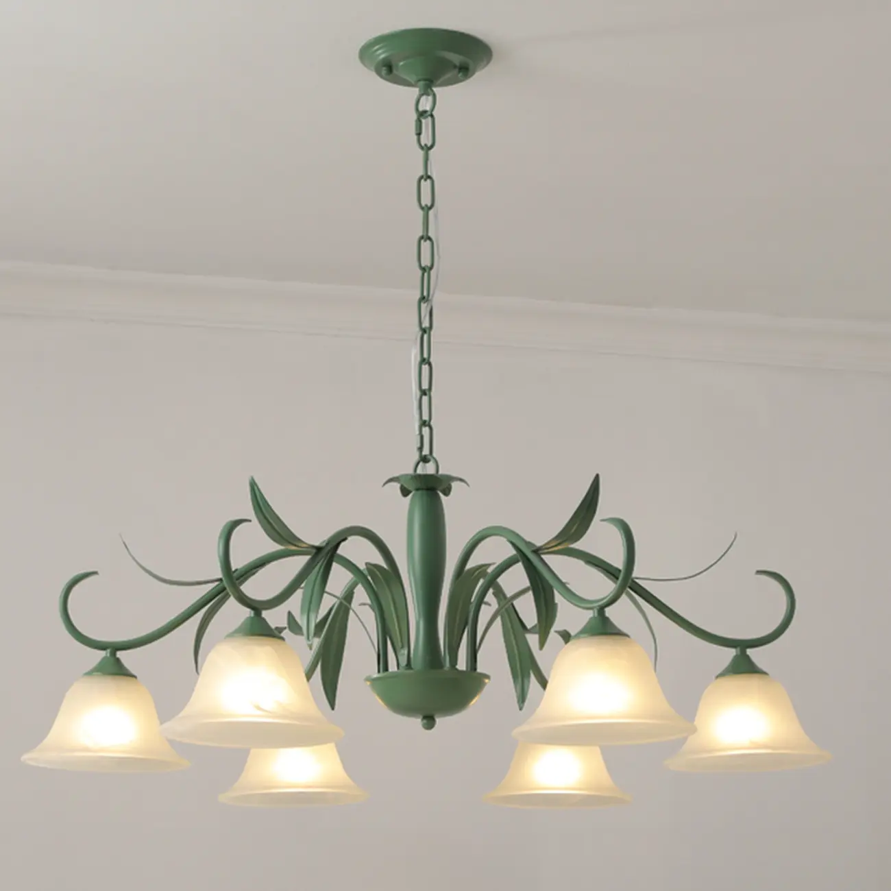 Elegant Bell Glass Shade Nordic Green Metal Chandelier  Image - 7 | homeyfad
