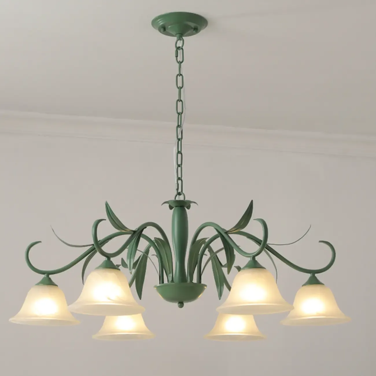 Elegant Bell Glass Shade Nordic Green Metal Chandelier  Image - 7