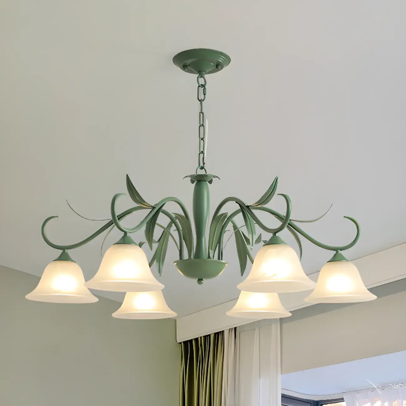 Elegant Bell Glass Shade Nordic Green Metal Chandelier  Image - 3