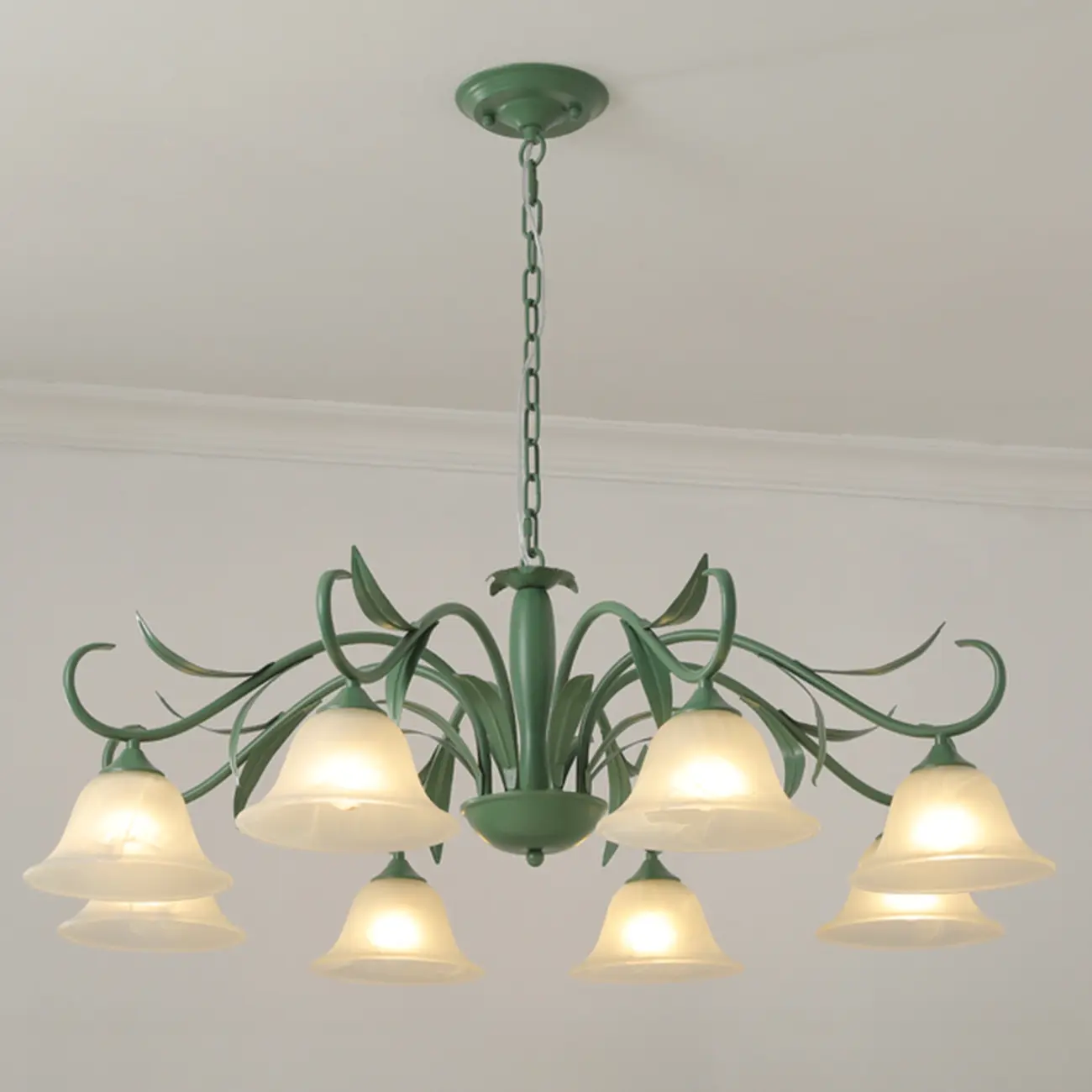 Elegant Bell Glass Shade Nordic Green Metal Chandelier  Image - 8 | homeyfad