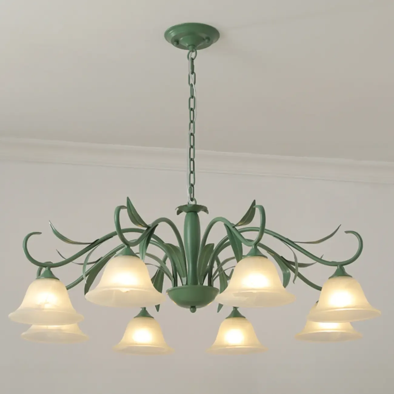 Elegant Bell Glass Shade Nordic Green Metal Chandelier  Image - 8