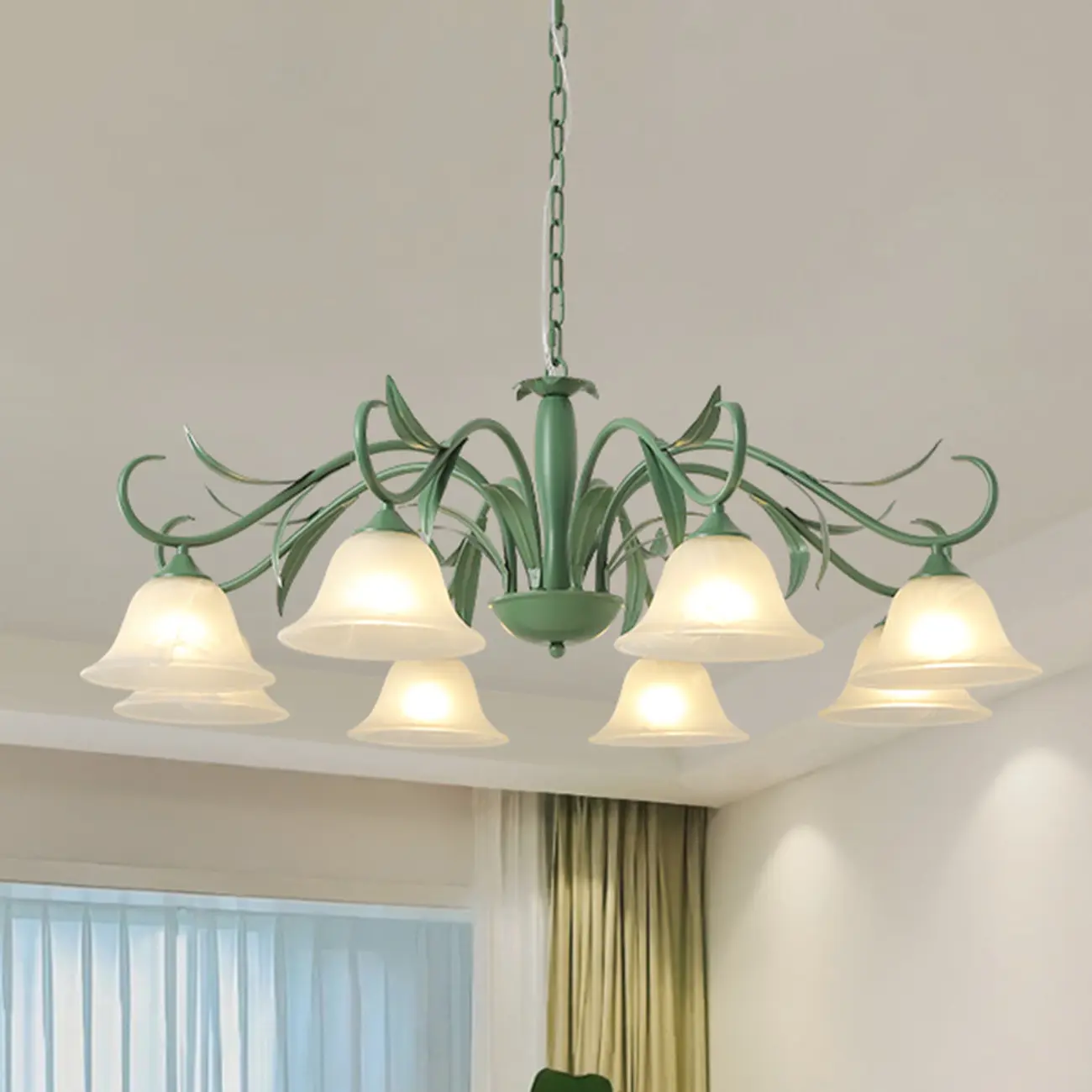Elegant Bell Glass Shade Nordic Green Metal Chandelier  Image - 4 | homeyfad