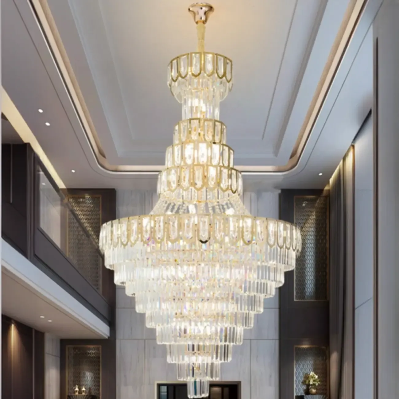 Luxury Adjustable Gold Tiered Crystal High Ceiling Chandelier Image - 1