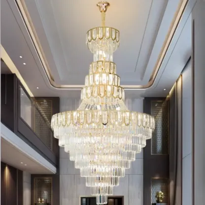 Luxury Adjustable Gold Tiered Crystal High Ceiling Chandelier Image - 1