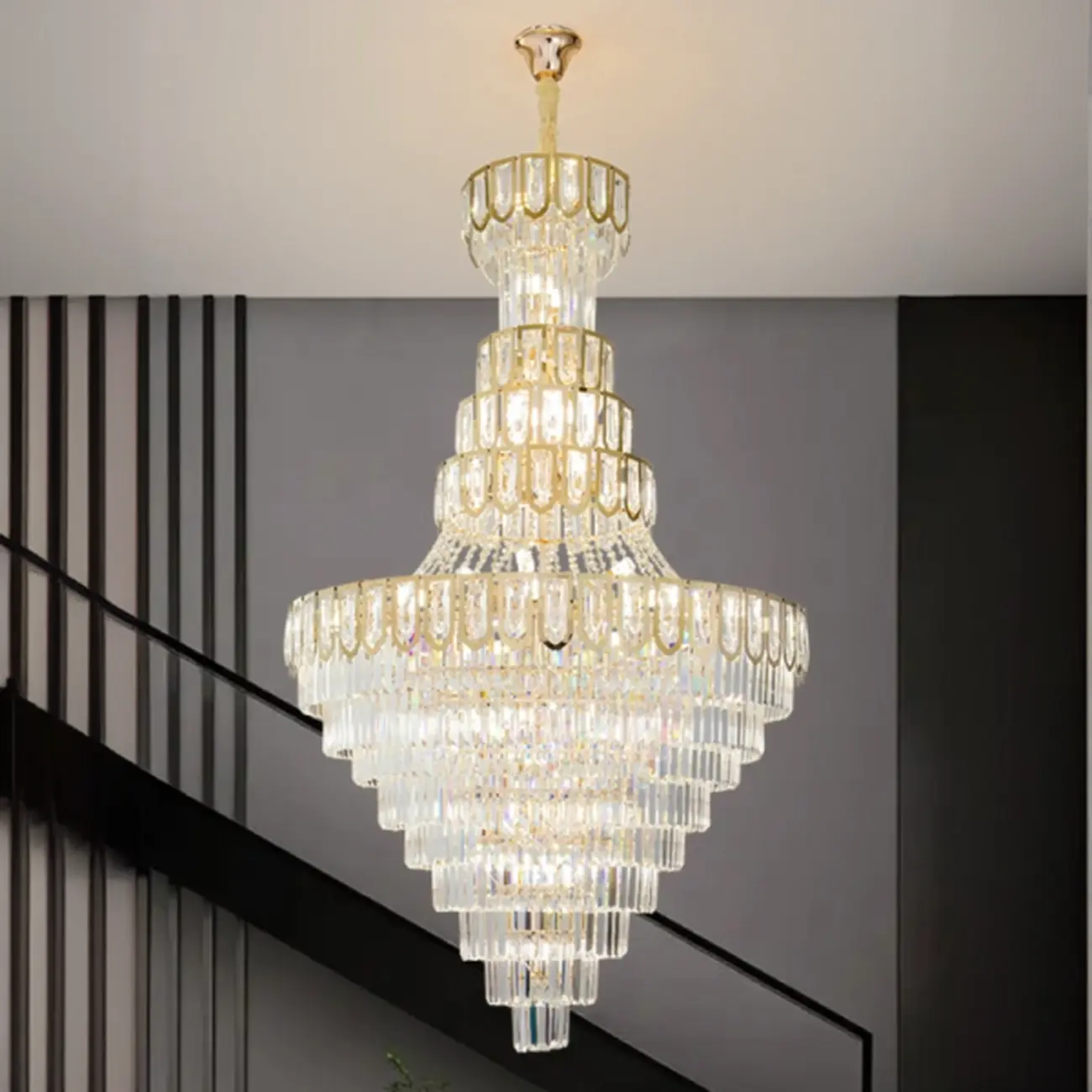 Luxury Adjustable Gold Tiered Crystal High Ceiling Chandelier Image - 3 | homeyfad