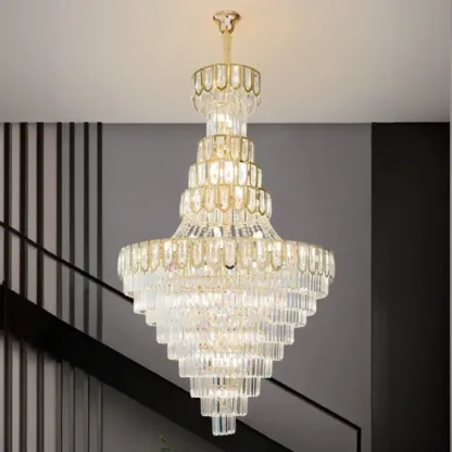Luxury Adjustable Gold Tiered Crystal High Ceiling Chandelier Image - 3