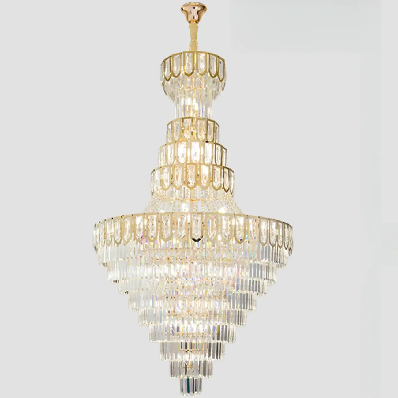 Luxury Adjustable Gold Tiered Crystal High Ceiling Chandelier Image - 9