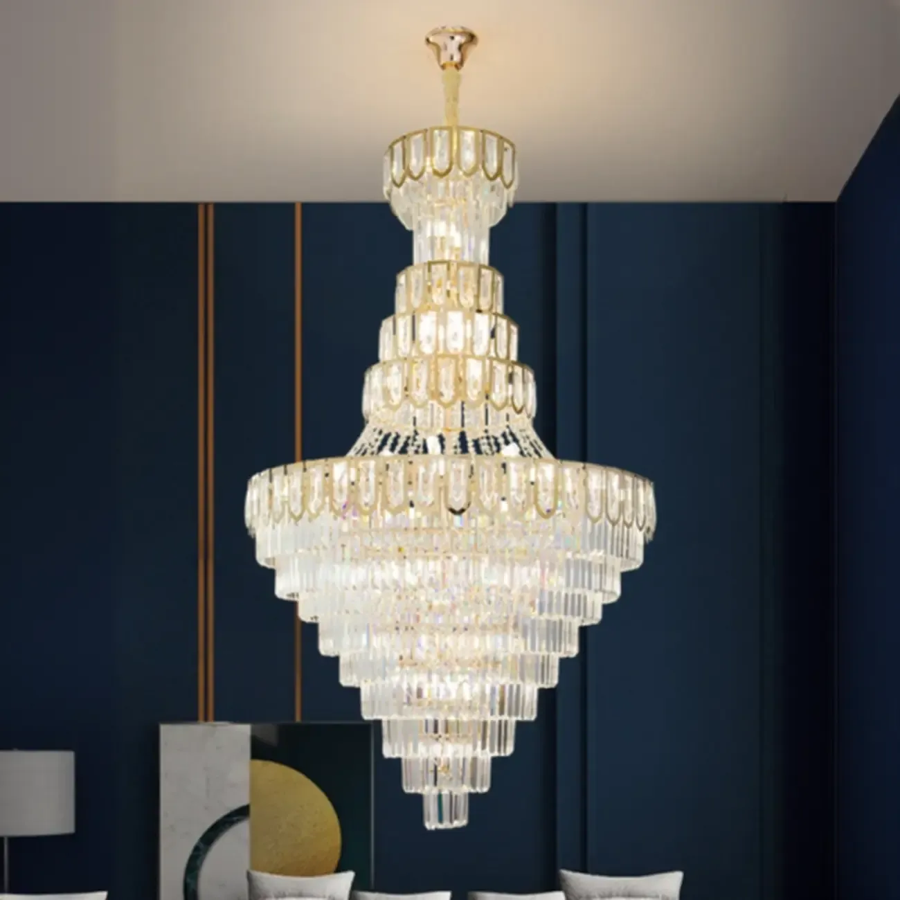 Luxury Adjustable Gold Tiered Crystal High Ceiling Chandelier Image - 4