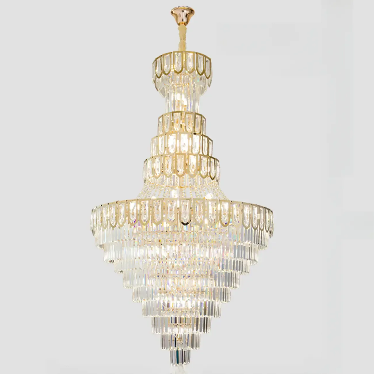 Luxury Adjustable Gold Tiered Crystal High Ceiling Chandelier Image - 10