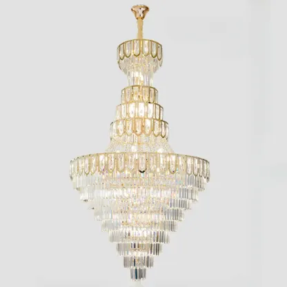 Luxury Adjustable Gold Tiered Crystal High Ceiling Chandelier Image - 10