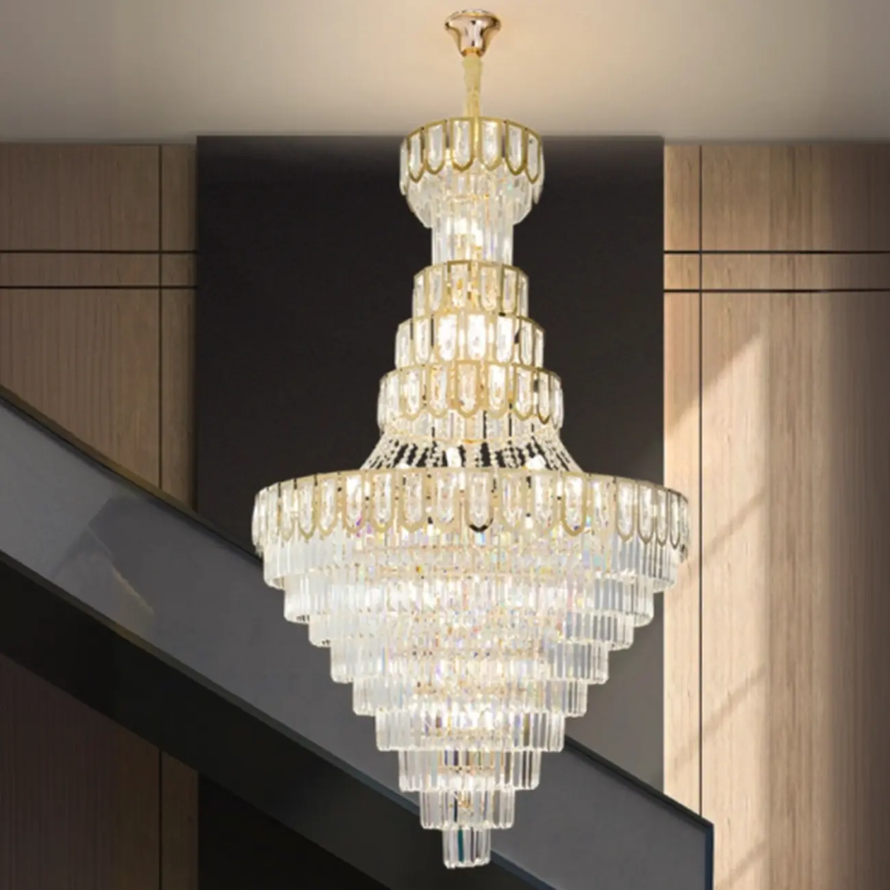 Luxury Adjustable Gold Tiered Crystal High Ceiling Chandelier Image - 2 | homeyfad