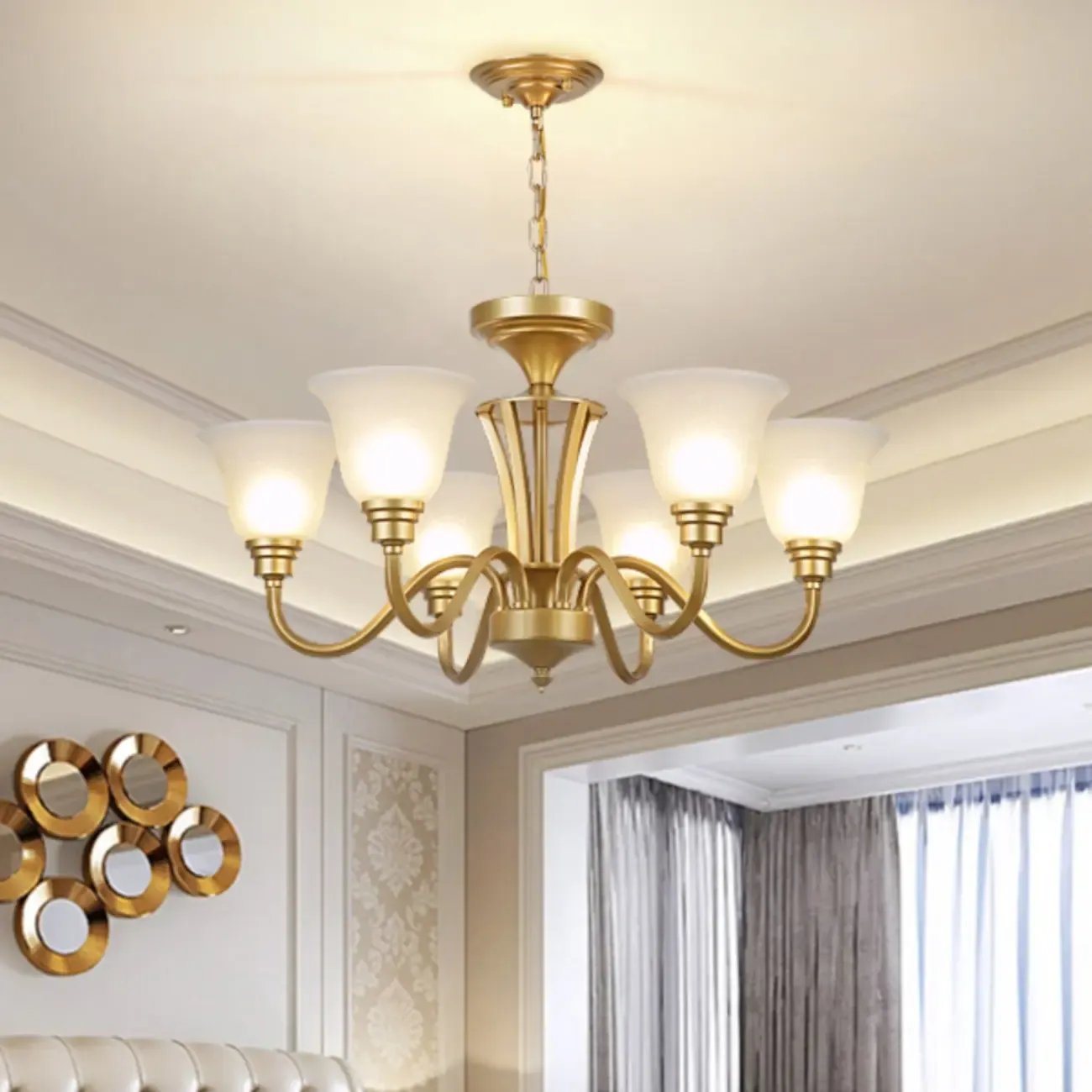 Vintage Metal White Glass Shade Classic Upward Chandelier Image - 5