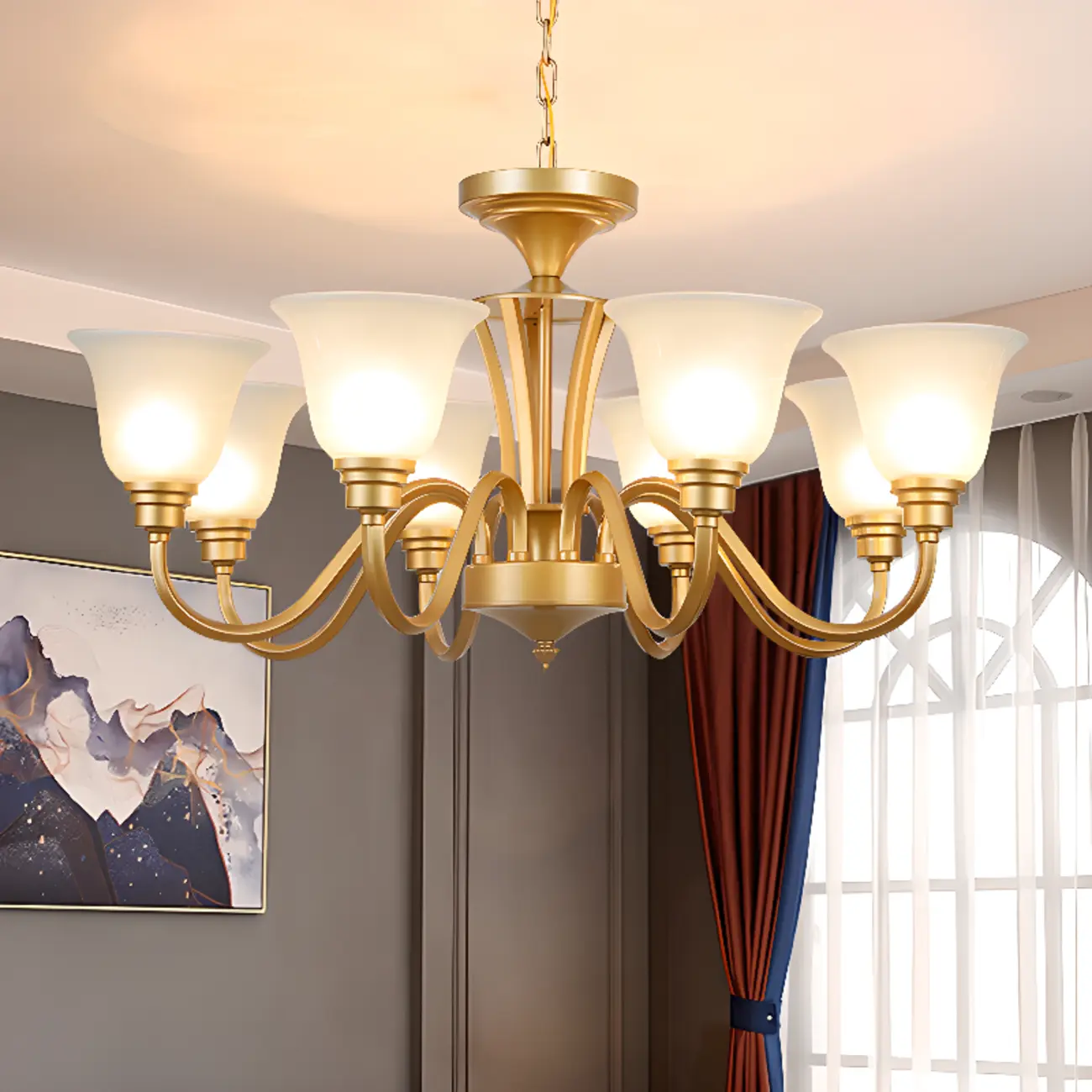 Vintage Metal White Glass Shade Classic Upward Chandelier Image - 1 | homeyfad