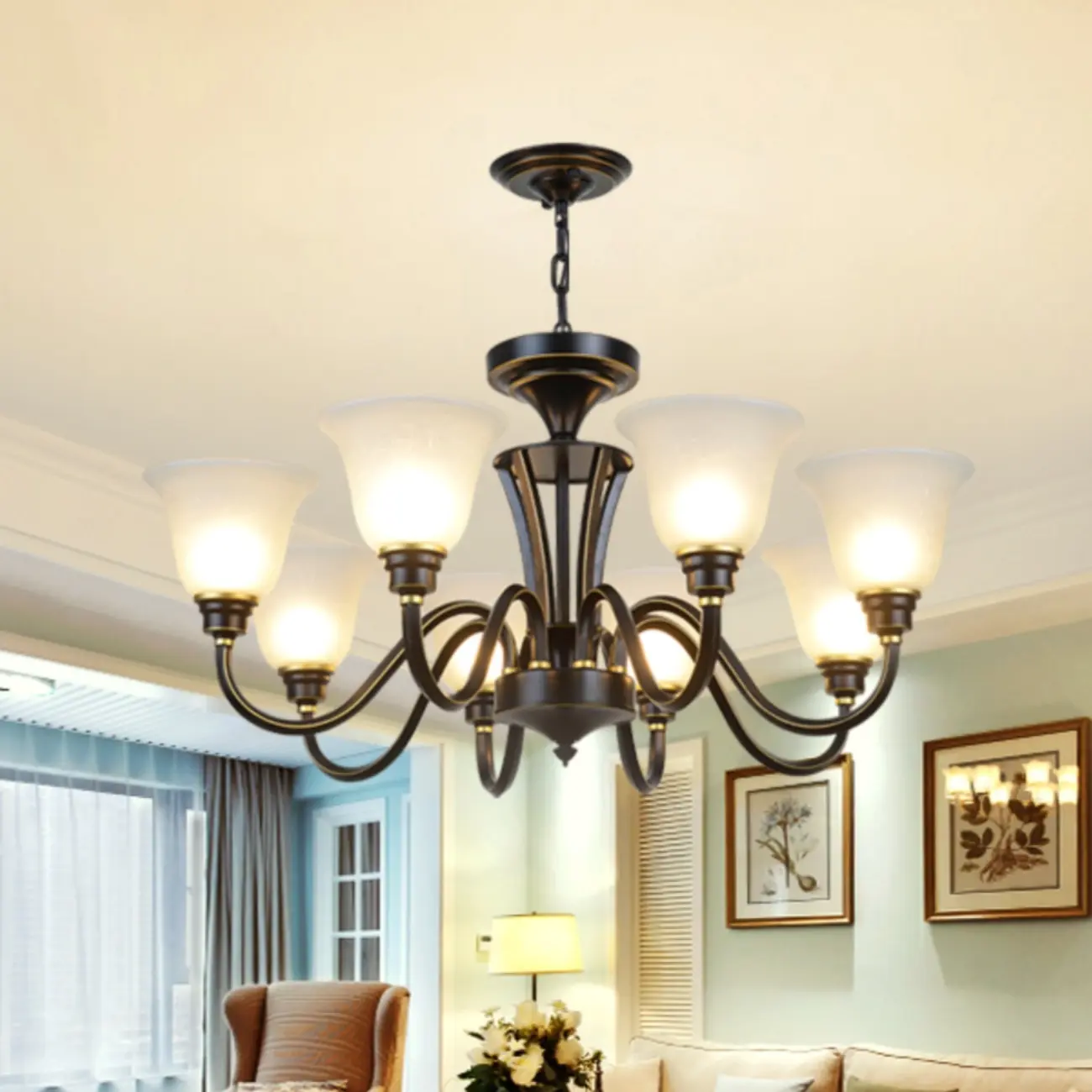 Vintage Metal White Glass Shade Classic Upward Chandelier Image - 6 | homeyfad