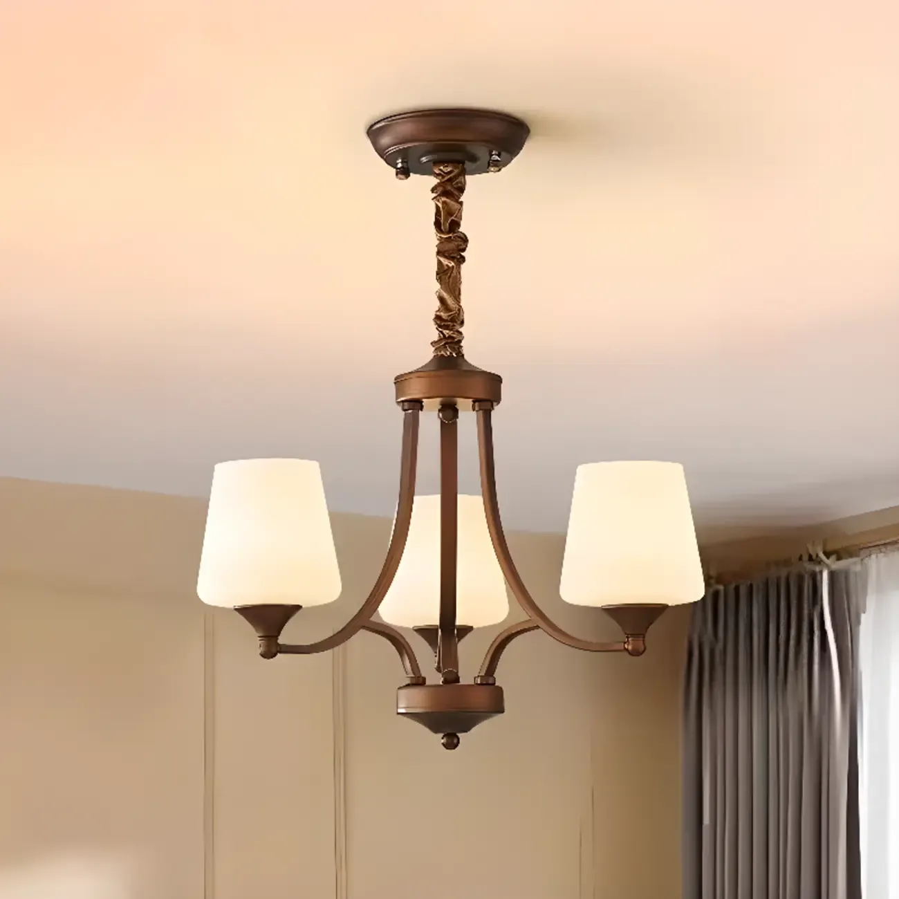 Vintage Metal White Glass Shade Classic Upward Chandelier Image - 3