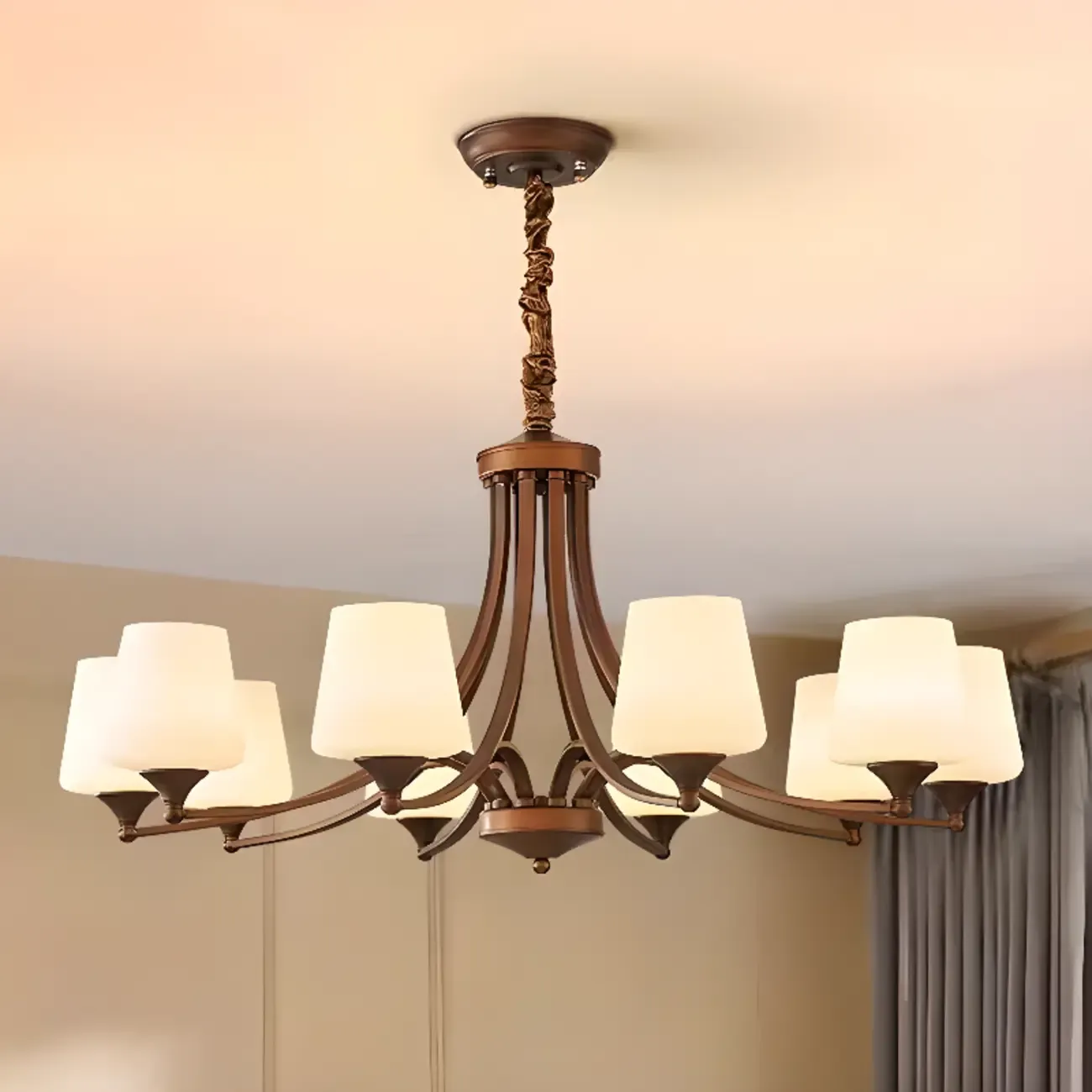 Vintage Metal White Glass Shade Classic Upward Chandelier Image - 2