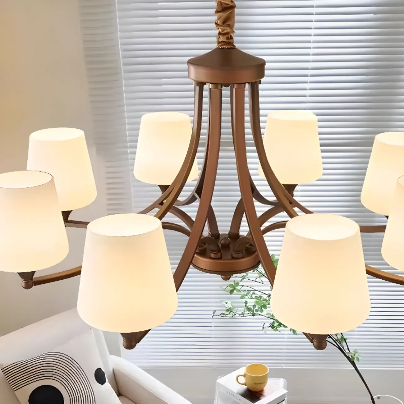 Vintage Metal White Glass Shade Classic Upward Chandelier Image - 32