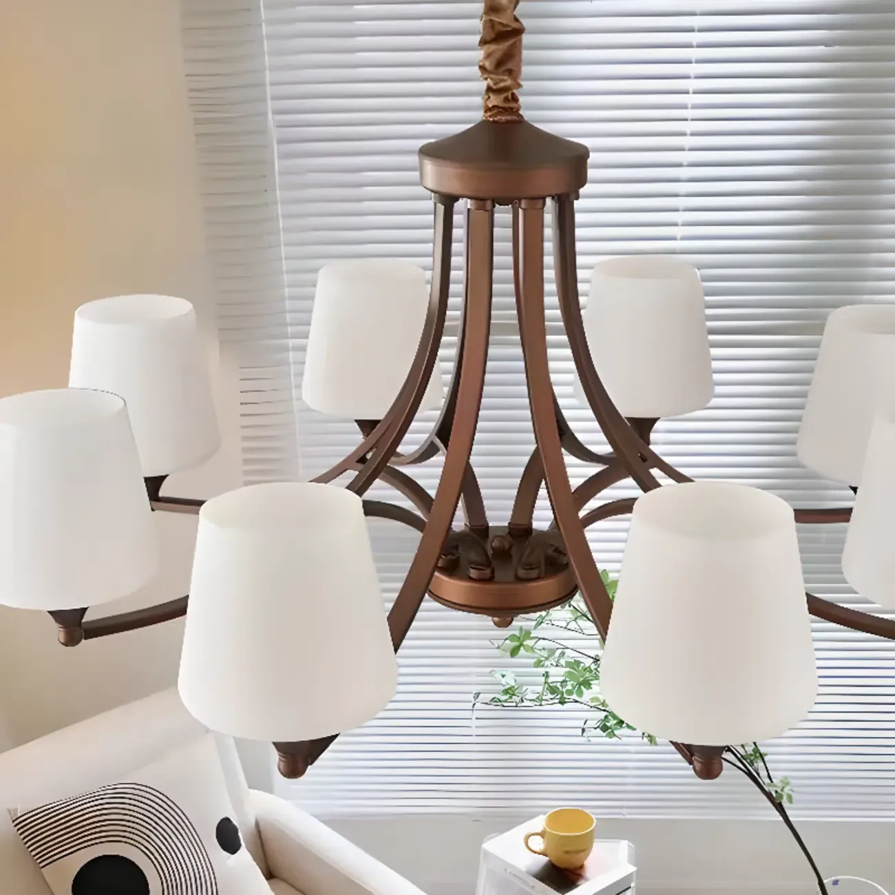 Vintage Metal White Glass Shade Classic Upward Chandelier Image - 33