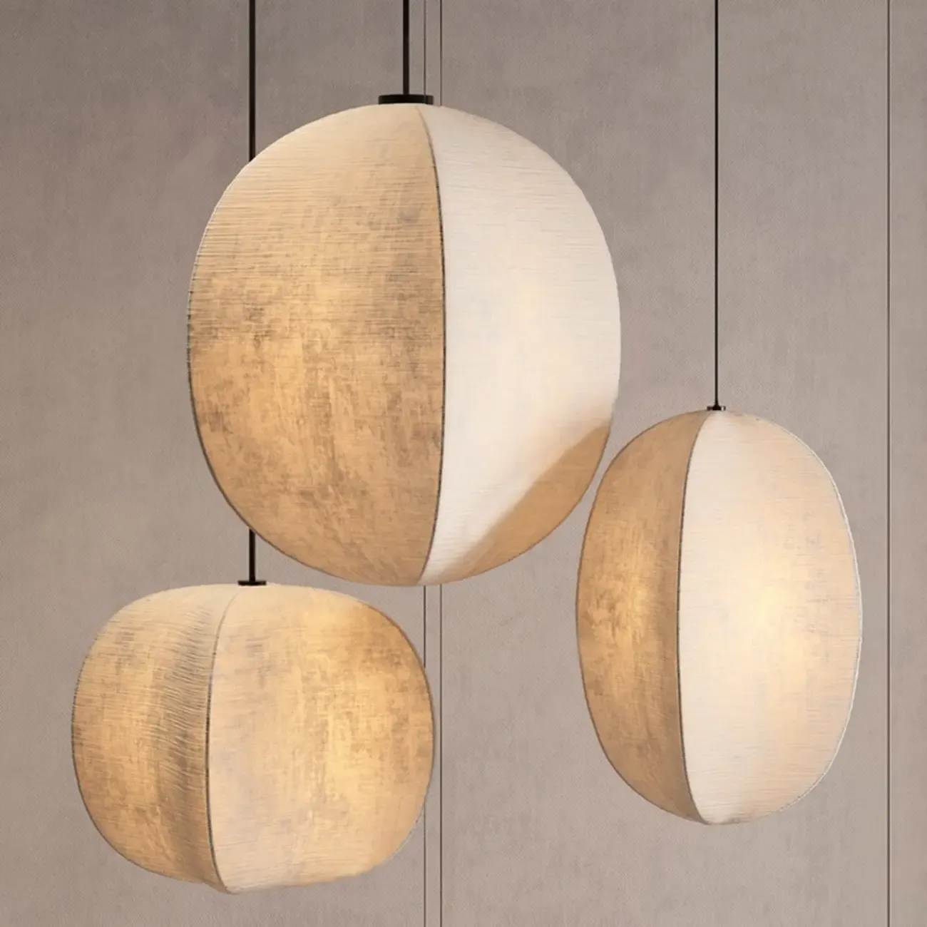 Modern Beige Fabric Geometric Pendant Light Adjustable Height Image - 1