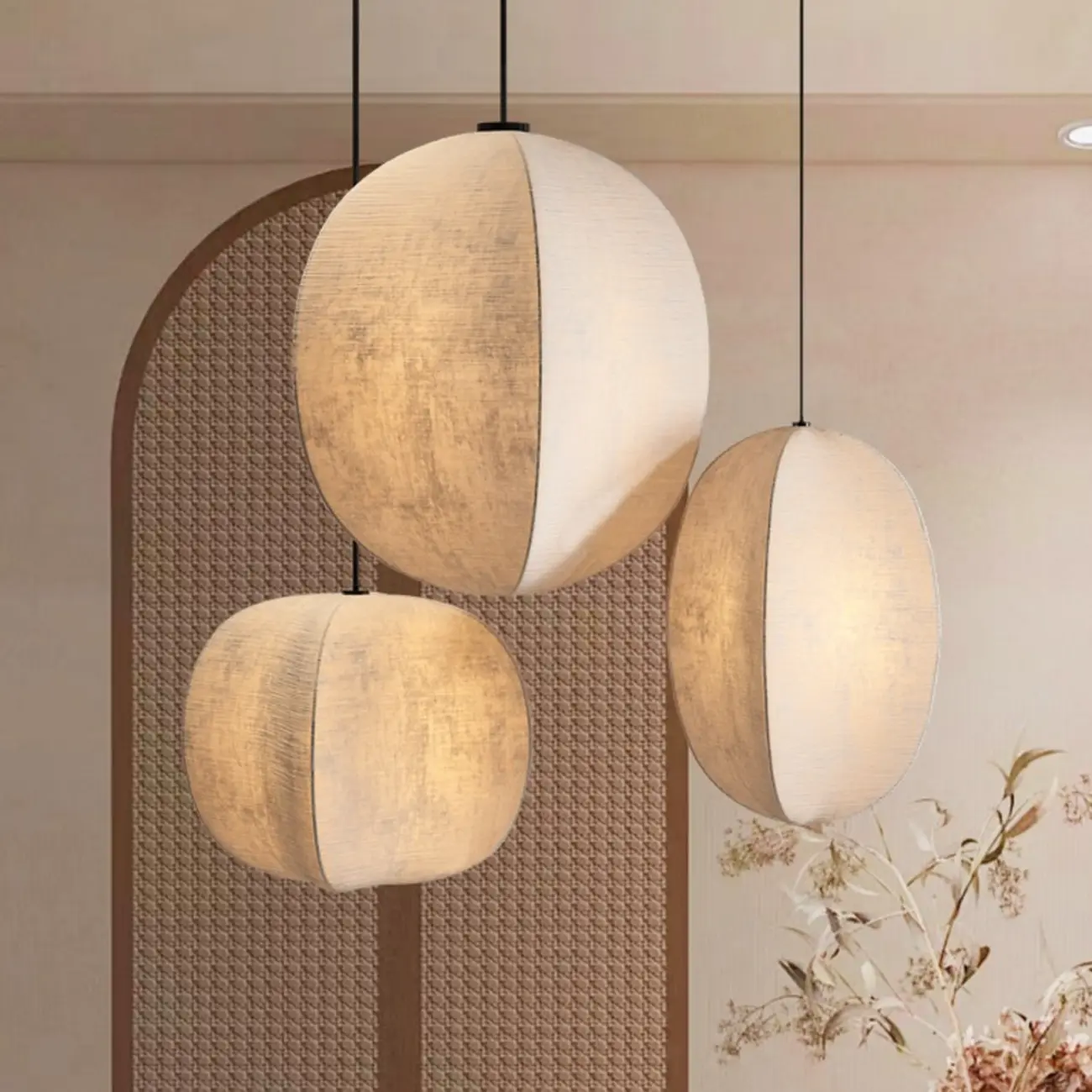 Modern Beige Fabric Geometric Pendant Light Adjustable Height Image - 5 | homeyfad