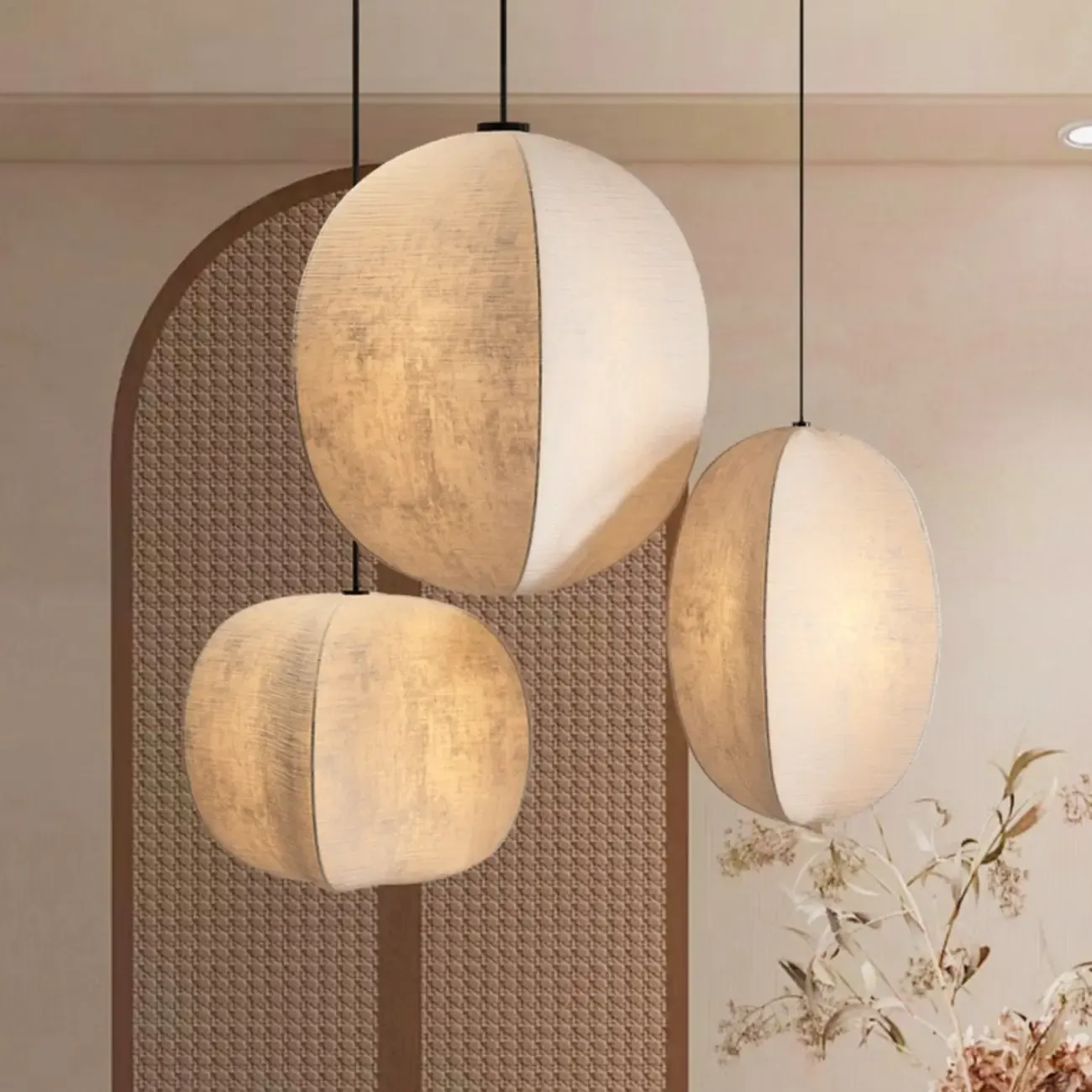 Modern Beige Fabric Geometric Pendant Light Adjustable Height Image - 5