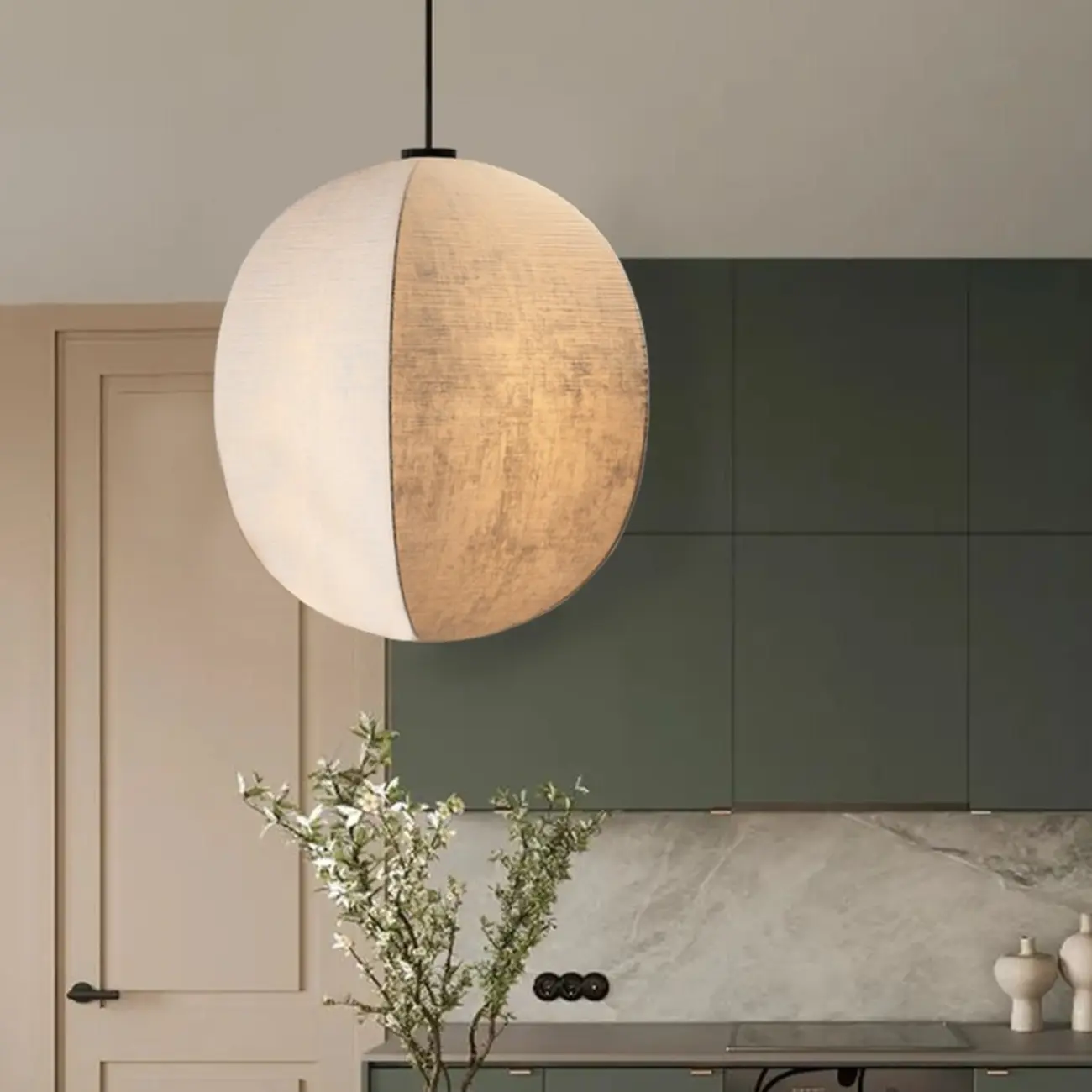 Modern Beige Fabric Geometric Pendant Light Adjustable Height Image - 2 | homeyfad