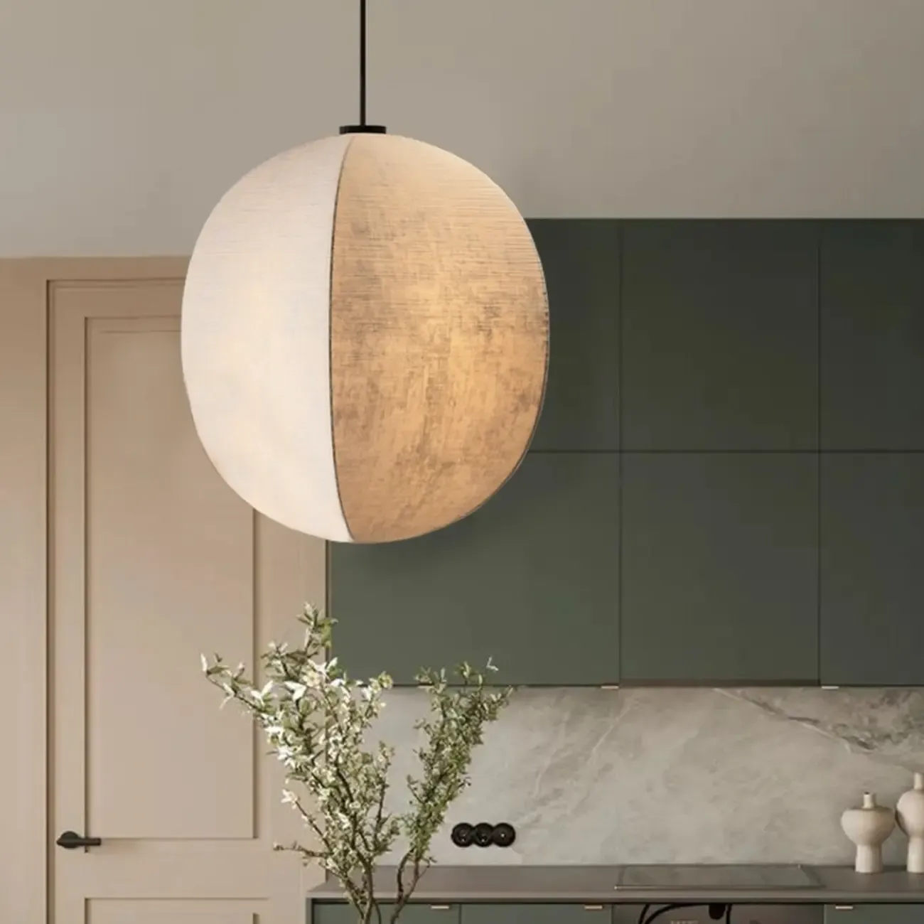 Modern Beige Fabric Geometric Pendant Light Adjustable Height Image - 2