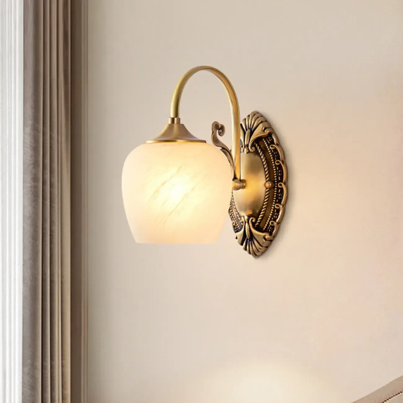 Vintage Brass Wall Sconce with Vitreous Shade Image - 1