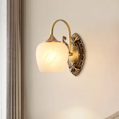 Vintage Brass Wall Sconce with Vitreous Shade Image - 1