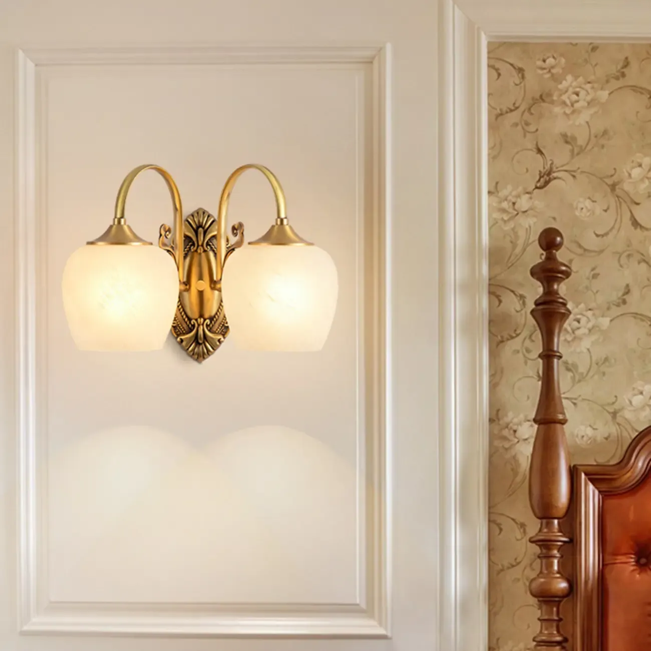 Vintage Brass Wall Sconce with Vitreous Shade Image - 2