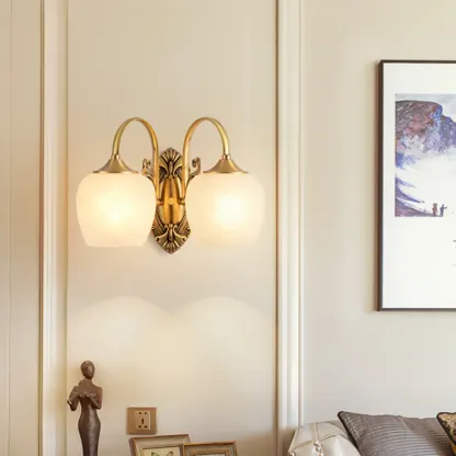 Vintage Brass Wall Sconce with Vitreous Shade Image - 4