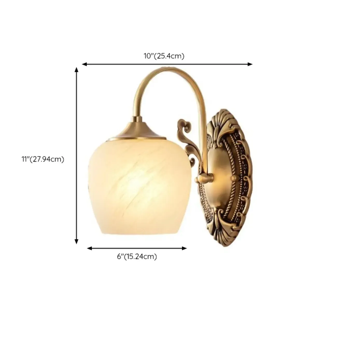 Vintage Brass Wall Sconce with Vitreous Shade #size