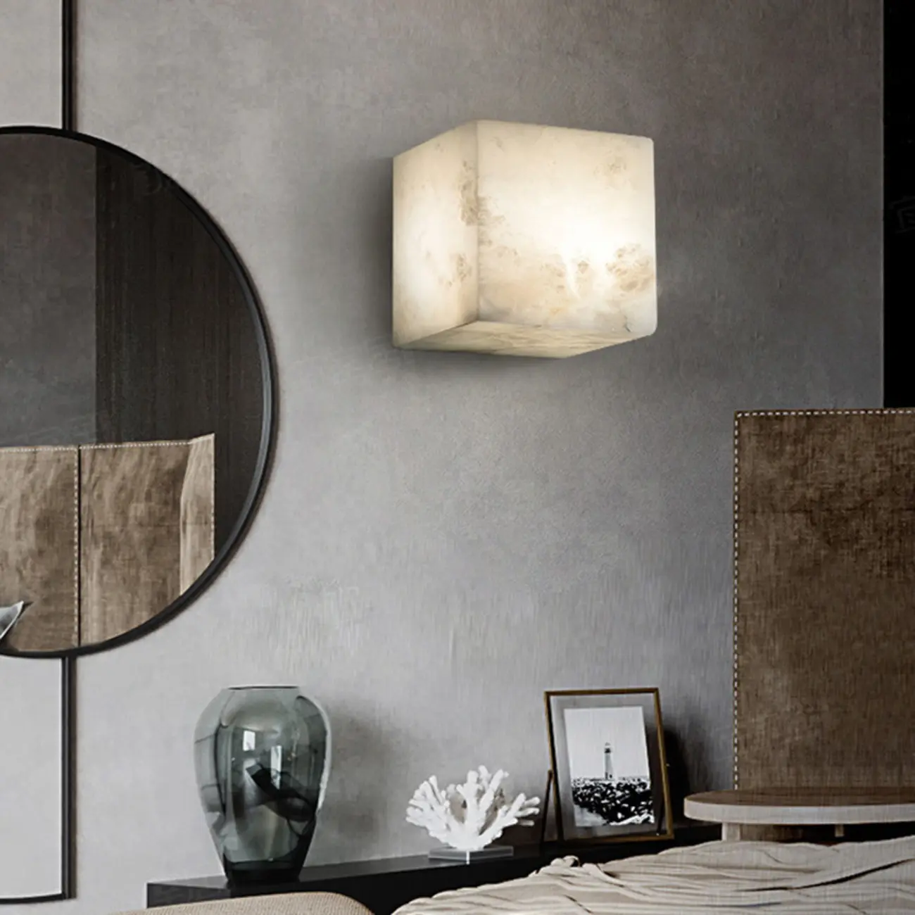 Contemporary Gray-white Cubic Alabaster Indoor Wall Sconce Image - 2 | homeyfad