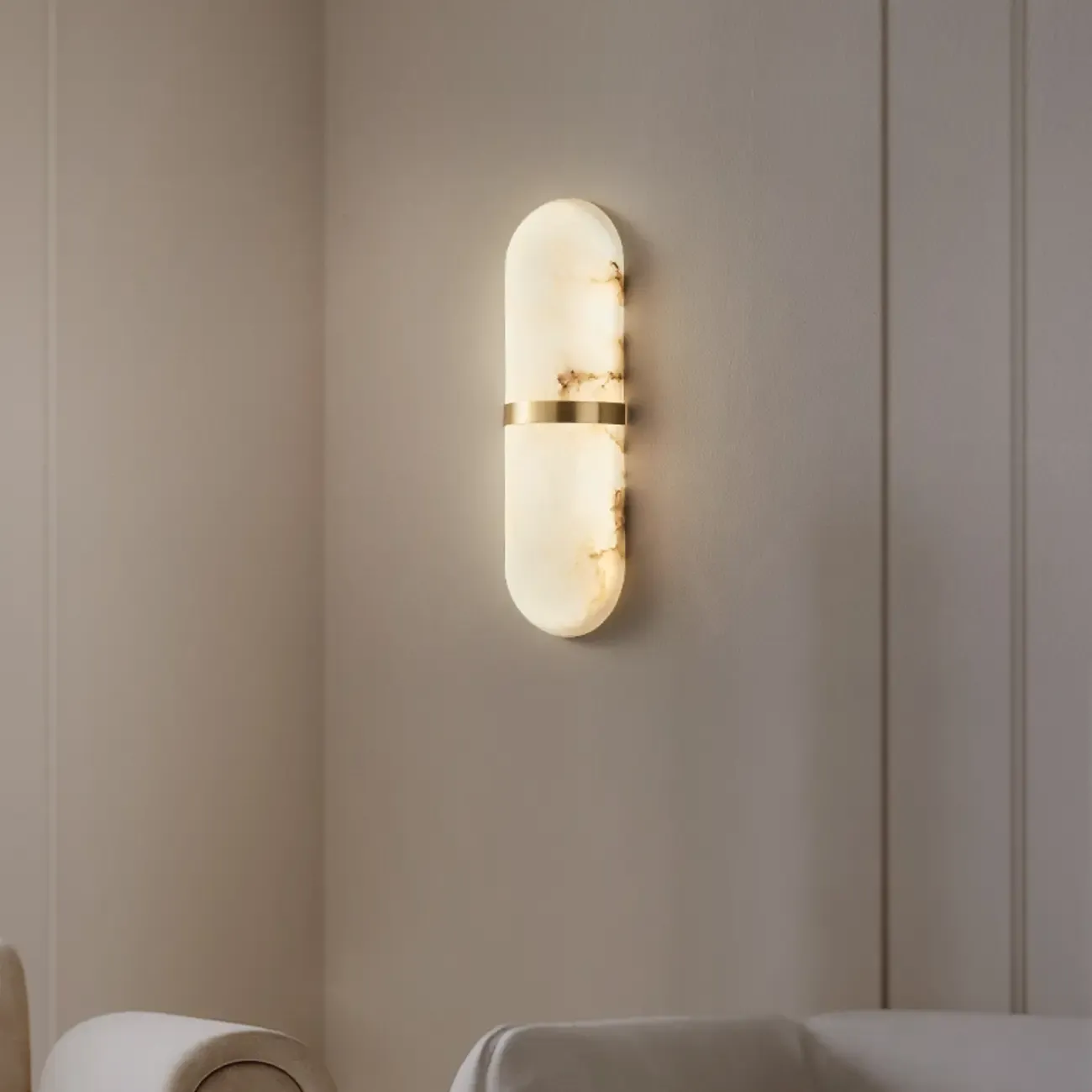 Minimalist Alabaster Brass Oval Wall Sconce in Multi-Dimming Image - 3