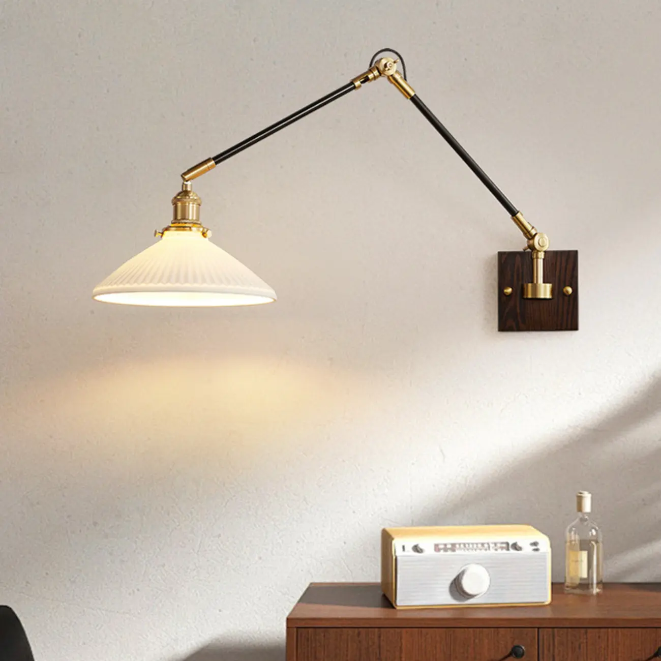 Industrial Amber Swing Arm LED Wall Sconce with Glass Shade Image - 2 | homeyfad