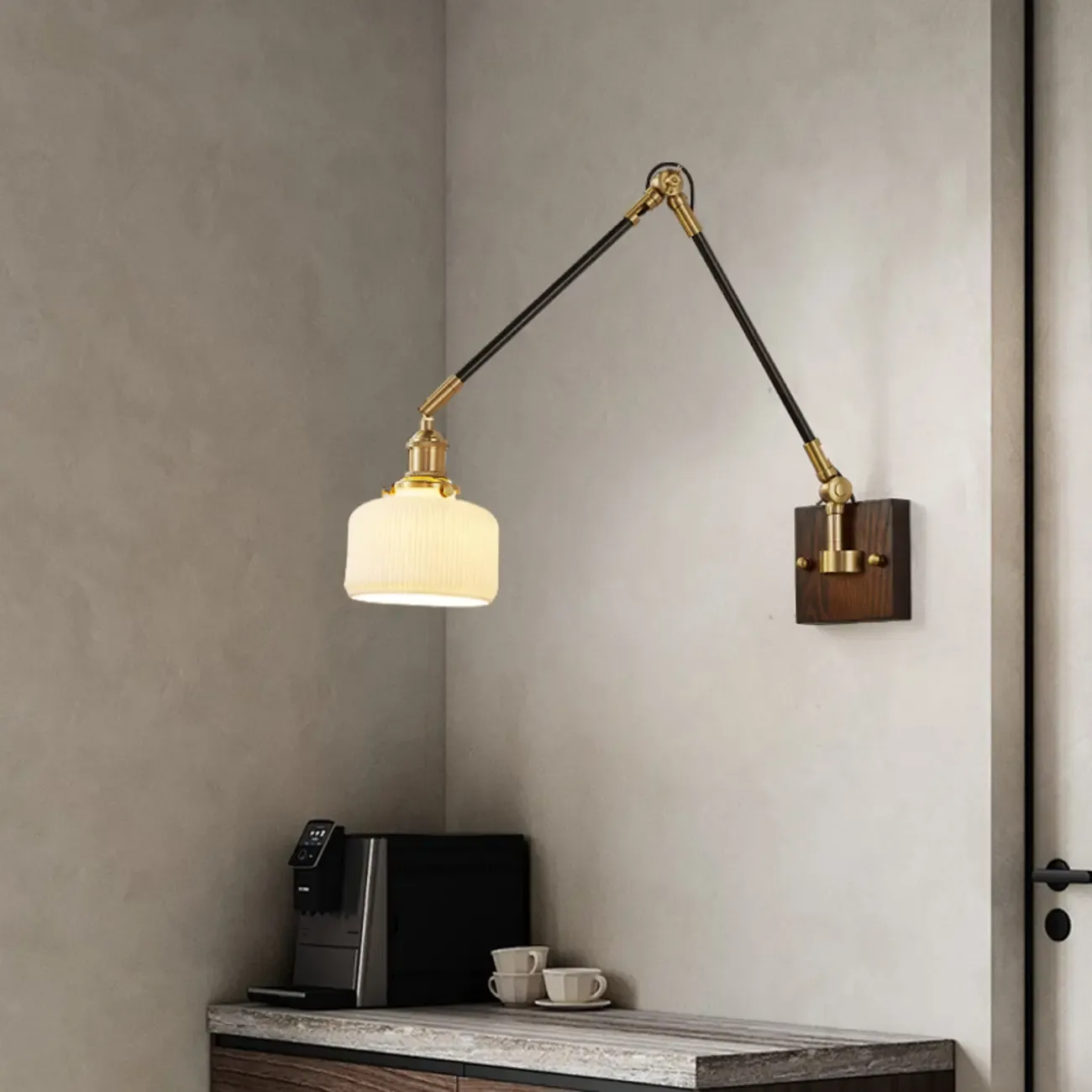 Industrial Amber Swing Arm LED Wall Sconce with Glass Shade Image - 3
