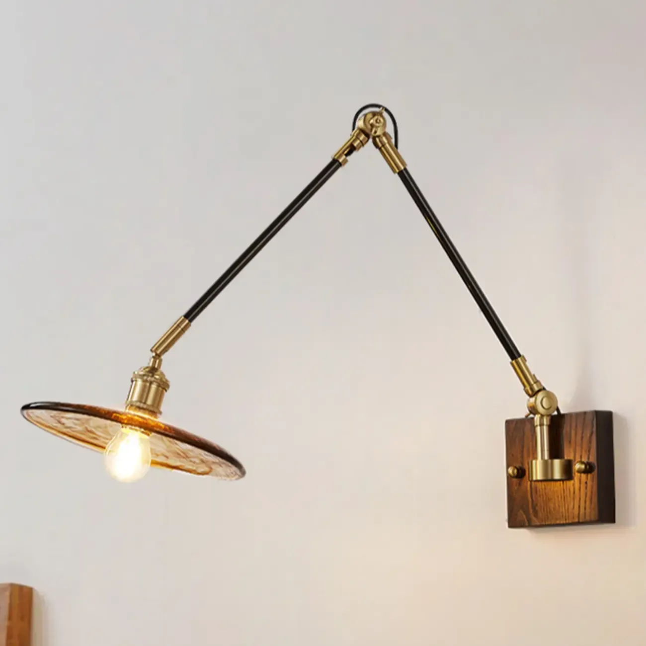 Industrial Amber Swing Arm LED Wall Sconce with Glass Shade Image - 5