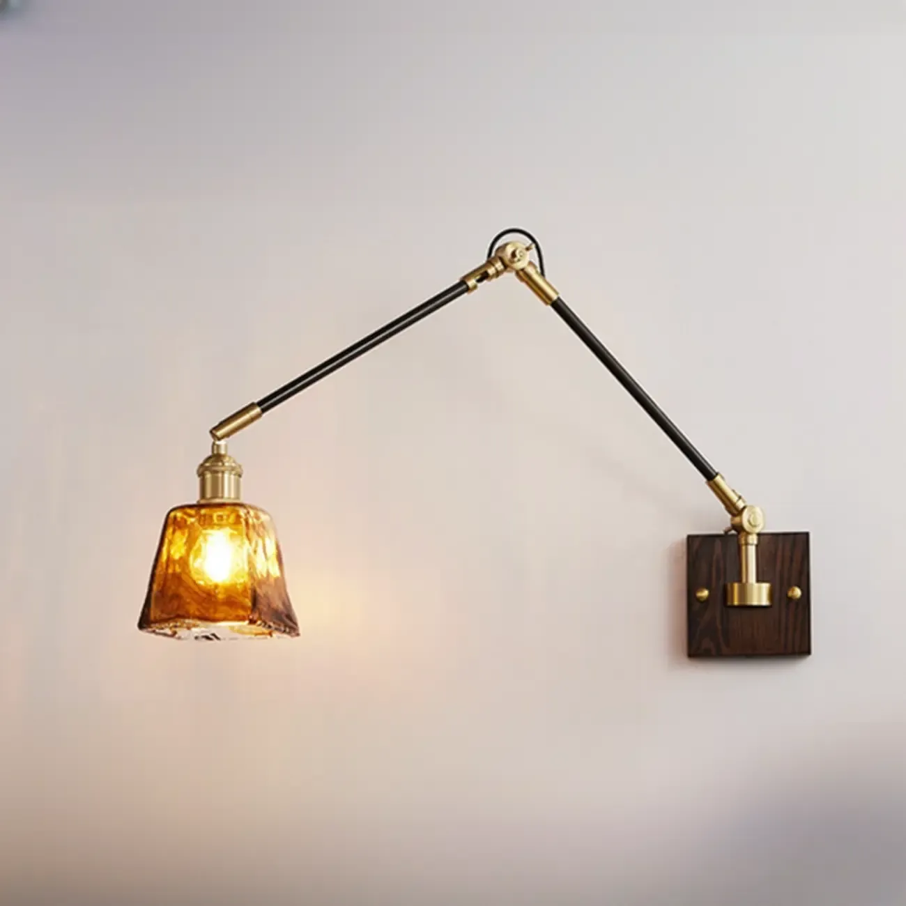 Industrial Amber Swing Arm LED Wall Sconce with Glass Shade Image - 6