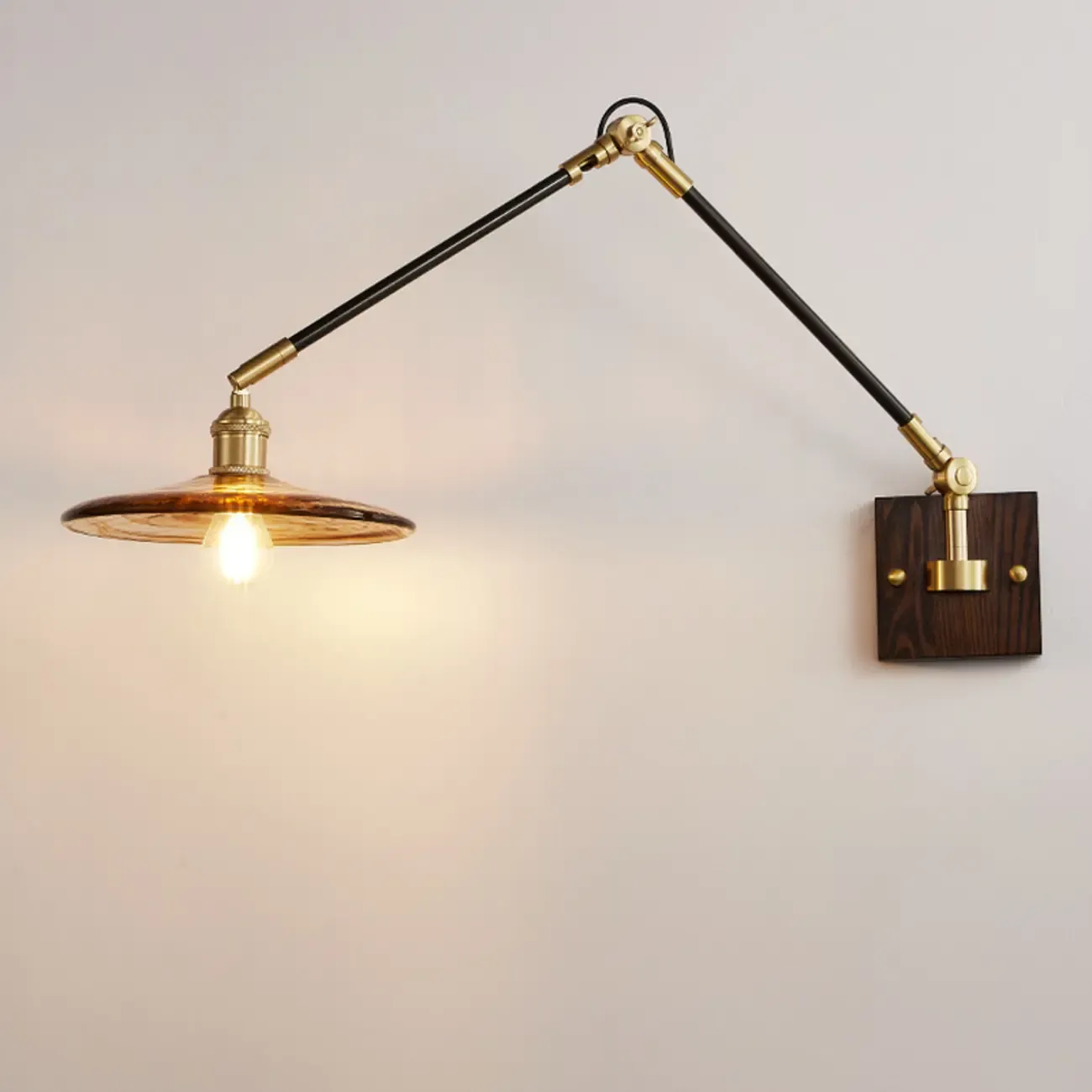 Industrial Amber Swing Arm LED Wall Sconce with Glass Shade Image - 15