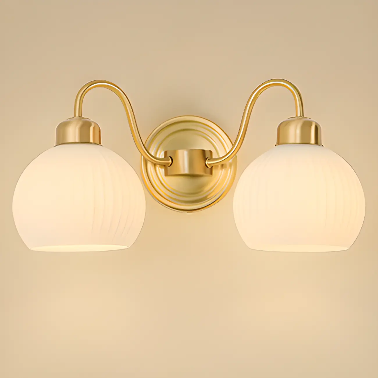 Modern Brass Wall Sconce with Dual Vitreous Bowl Shades Image - 3 | homeyfad